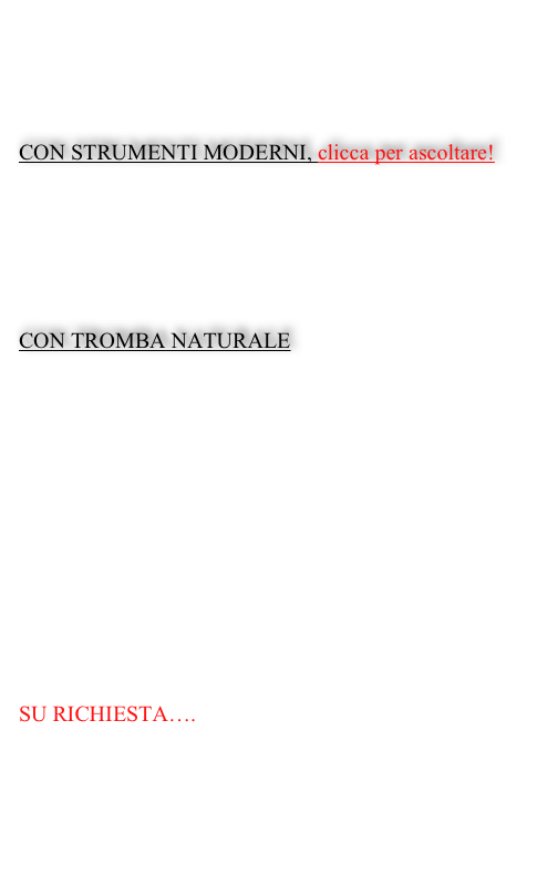 BRANI ORIGINALI e NON….
dalla musica antica ai giorni nostri….

REPERTORIO ORIGINALE:

CON STRUMENTI MODERNI, clicca per ascoltare!

CONCERTI PER TROMBA DI:
Telemann, L. Mozart, Torelli, Viviani, Jacchini, Haydn, Hummel, Haendel, Vivaldi, Albinoni, Tartini, Bach, Brandt, Arutunian, Planel, Jolivet, Tomasi, Vizzutti, Honegger, Hindemit, Enesco.

CON TROMBA NATURALE

CONCERTI PER TROMBA DI:
L.Mozart: concerto in re magg. 
G.P.Telemann: concerto in re magg.
G.P.Telemann: sonata in re magg.
T.Albinoni: sonata in do magg.
G.B.Viviani: sonata prima
G.Torelli: concertino
G.Torelli: sinfonia in re magg.
G.Jacchini: sonata in re magg.
J.Rosenmuller: Geistliches konzert (per tromba e soprano)

REPERTORIO NON ORIGINALE:

SU RICHIESTA….

SUCCESSI MONDIALI
COLONNE SONORE
CANZONI ITALIANE E NON
EVERGREEN
TRASCRIZIONI VARIE di qualsiasi epoca….